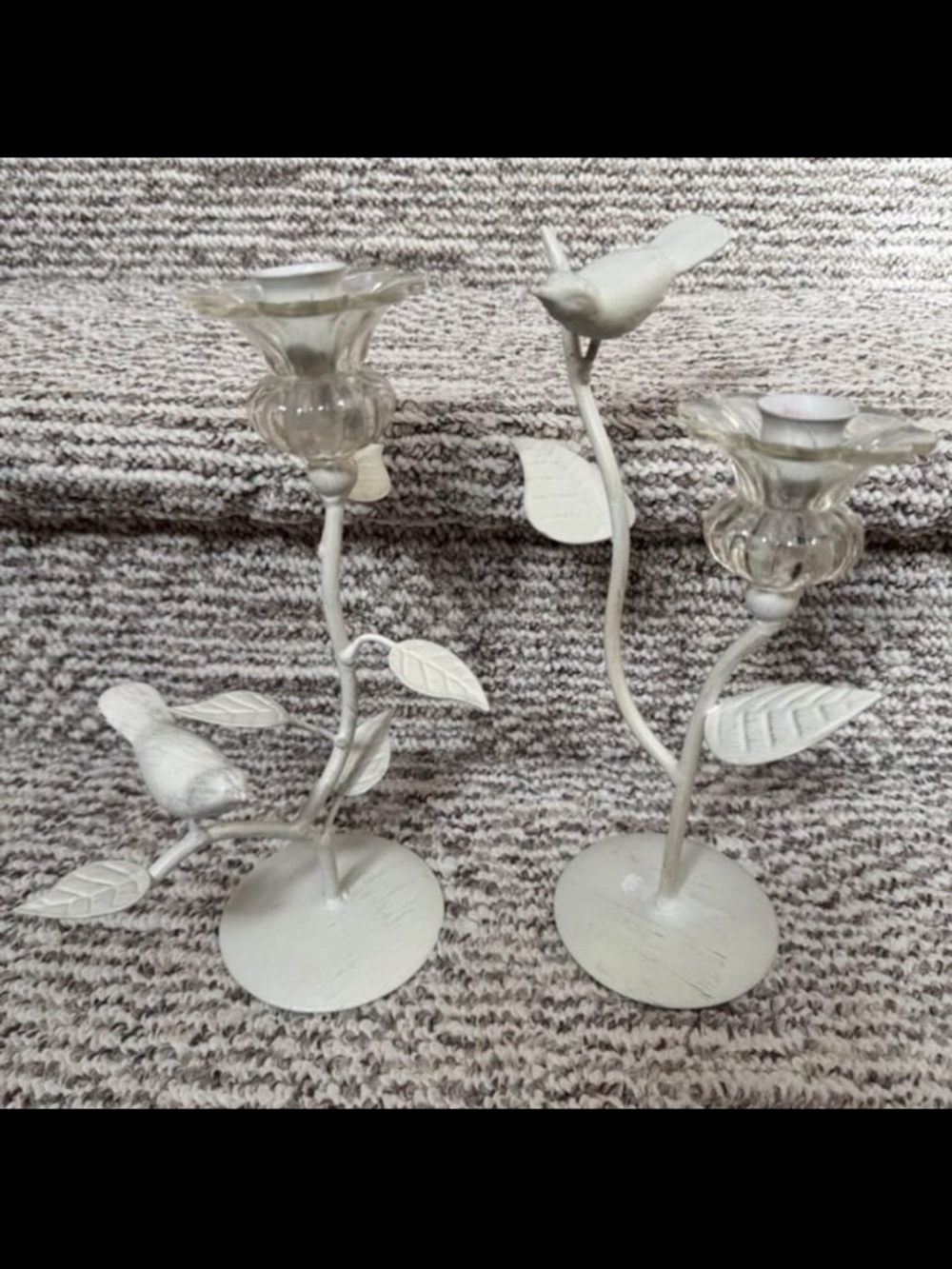 White Rustic Metal Candle Holder Shabby Chic Distressed Flower Bud Bird set of 2